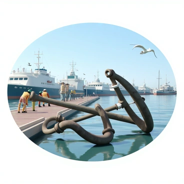 A harbor scene with massive ship anchors lying on the dock