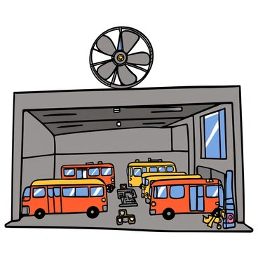 A large industrial fan mounted on the ceiling of a bus garage, spinning rapidly. The fan has a metallic frame and several wide blades. Below, there are rows of buses parked in the garage, each painted in bright colors with clear markings. The garage has high ceilings and concrete walls, with overhead lights illuminating the space. There are tools and equipment scattered around the area, and a large window on one side allows natural light to filter in, creating a lively atmosphere.