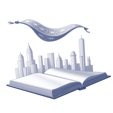 A magic carpet is airborne above a detailed cityscape. The carpet is shaped in an ornate design with intricate patterns and fringe along the edges. Below, the city features tall buildings with varying architectural styles, including modern skyscrapers and classic stone structures. The pages of an open book are visible beneath the carpet, appearing as if the carpet is emerging from them. The scene captures both the dynamic flight of the carpet and the bustling urban environment beneath it.