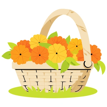 A woven basket with a round shape and intricate patterns rests on a patch of green grass. The basket is overflowing with vibrant orange and yellow marigolds, their petals radiant and full. Some marigolds are partially spilling out of the basket, showcasing their lush, green leaves. Sunlight casts gentle shadows, enhancing the colors of the flowers and the texture of the basket.
