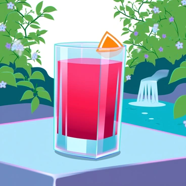 A vibrant negroni cocktail in a crystal-clear glass, showcasing its rich red color and garnished with a twist of orange peel. The glass is placed on a smooth stone surface, surrounded by lush green foliage with various shades of green leaves and delicate flowers peeking through. In the background, a small stream flows gently, with sunlight reflecting off the water's surface, enhancing the serene atmosphere of the scene.