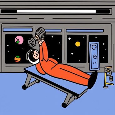 An astronaut with a light skin tone and a helmet reflecting the stars is lying on a bench in a gym inside a space colony. The astronaut is wearing a fitted spacesuit and is focused on lifting a dumbbell above their chest. The gym has futuristic equipment around, and large windows provide a clear view of the twinkling stars and planets outside. Bright overhead lights illuminate the gym, highlighting the astronaut's determined expression.