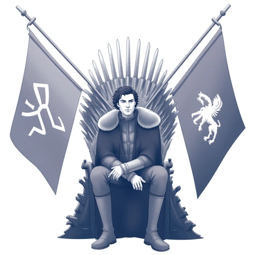 Jon Snow is seated on the Iron Throne, a large and imposing structure made of swords, with intricate details highlighting the blades and hilt designs. He has a thoughtful expression, gazing into the distance as if deep in contemplation. His dark hair is slightly tousled, and he is wearing a black fur-lined cloak that drapes over the throne. Surrounding him are banners of the North, prominently featuring stark symbols and patterns that represent his heritage. The atmosphere conveys a sense of weighty responsibility and solitude.