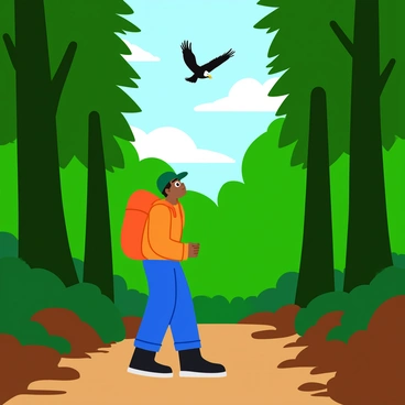 A hiker spotting a hawk flying overhead while trekking through a dense forest