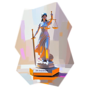 A figurine of "Lady Justice" stands upright, representing fairness and law. She holds a pair of balanced scales in her right hand, symbolizing the weighing of evidence and impartiality. Her left hand is positioned by her side, with a sword resting against her. The figurine is intricately detailed, showcasing her flowing robes and a blindfold over her eyes, signifying objectivity. At the base of the sculpture, "5th Amendment" is engraved in clear lettering, emphasizing the connection to legal rights and justice. The figurine is placed on a polished wooden surface, enhancing its prominence.