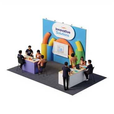 A colorful trade show booth featuring a large banner with the text "Innovative Solutions" prominently displayed. The booth has vibrant decorations in shades of blue, orange, and green, with an eye-catching design. There are several representatives wearing branded shirts, engaging with visitors at a display table. The table is adorned with brochures, promotional items, and a laptop showing a product presentation. Visitors are shown listening attentively and asking questions, creating a lively atmosphere. The floor is covered with a patterned carpet, enhancing the overall visual appeal of the booth.