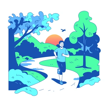 A blue person is jogging along a winding path that is lined with lush green trees and vibrant leaves in a park. The sun is just rising in the background, casting a warm orange glow across the scene. The path is slightly damp from morning dew, and small birds can be seen fluttering among the branches overhead. The jogger has a focused expression and is wearing comfortable running attire, while a gentle breeze rustles the leaves around them.