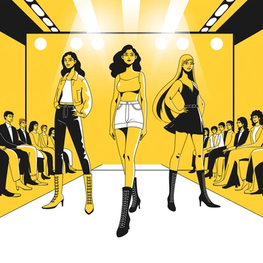 A runway filled with bright lights and a polished floor, where several models are walking confidently. Each model is showcasing a different pair of motorcycle boots, which vary in design and height. The first model has a pair of yellow motorcycle boots with straps, paired with black leather pants and a sleek jacket. The second model wears mid-calf black boots with intricate details, styled with denim shorts and a fitted top. The third model showcases knee-high boots with buckles, paired with a flowing black dress. The audience is seated on both sides, captivated by the fashion display. Each model strikes a pose at the end of the runway, highlighting their boots.