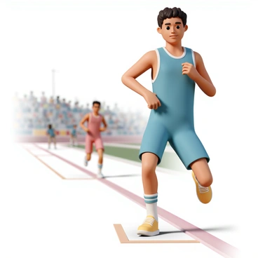 A runner, wearing a bright blue athletic outfit, stands at the starting block with a focused look on their face. They have short, dark hair, and their muscles are tense, ready for action. The runner is angled slightly forward with one arm extended, preparing to receive the baton from their teammate. In the background, a teammate in a red uniform is in motion, approaching rapidly with the baton in hand. The track is marked with clear lane lines, and the spectators can be seen blurred in the background, emphasizing the urgency of the moment.