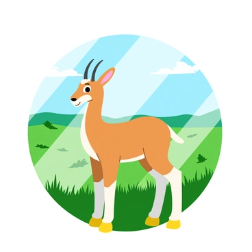 A slender gazelle with light brown fur and white markings stands gracefully, partially obscured by soft morning mist. The background features a tranquil landscape filled with rolling green hills and scattered patches of tall grass. The mist swirls around the gazelle, creating an ethereal atmosphere. Bright rays of sunlight filter through the mist, illuminating the scene with a gentle glow.