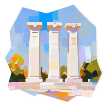 Three towering stone pillars stand in a row, each inscribed with the names of a branch of government: "Legislative," "Executive," and "Judicial." The pillars are adorned with intricate carvings and details that reflect the principles they represent. The base of each pillar is surrounded by lush greenery, and a bright blue sky serves as a backdrop, highlighting the majestic nature of the pillars. Sunlight casts shadows on the ground, enhancing the textures of the stone surfaces.
