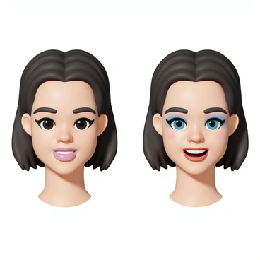 A person with dark hair and fair skin stands in two panels. The first panel shows the person without makeup, revealing natural features like light freckles and a neutral expression. The second panel depicts the same person with vibrant makeup applied, including bold eye shadow in shades of blue and purple, vivid red lipstick, and shimmering highlighter accentuating cheekbones. Their expression in the second panel is confident and radiant, highlighting the transformation. The background is simple and unobtrusive to keep the focus on the facial features in both panels.
