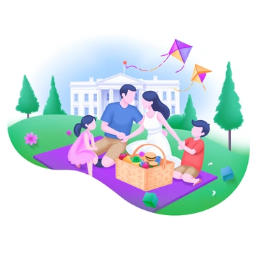 A family sitting on a colorful picnic blanket spread across the lush green grass of the White House lawn. The family consists of four members: a father wearing a blue shirt and khaki shorts, a mother in a white dress, a young girl in a pink sundress, and a boy in a red t-shirt. They are surrounded by a picnic basket filled with assorted fruits, sandwiches, and drinks. In the background, the iconic White House building is visible, framed by blooming flowers and tall trees. A few colorful kites are flying in the clear blue sky above them.