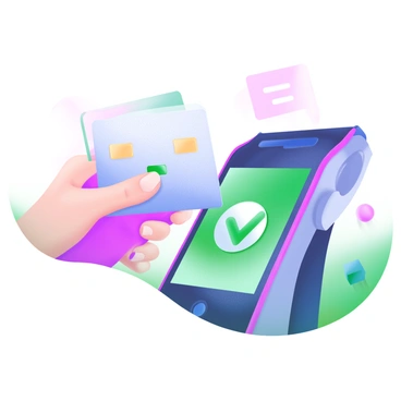 A close-up view of a hand holding a "contactless card" positioned near a sleek "payment terminal." The terminal has an illuminated screen displaying a green check mark, indicating a successful transaction. The background features soft pastel colors, enhancing the modern look of the payment scene. The hand is well-groomed, with neatly manicured nails, adding a touch of elegance to the image.