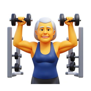 An elderly person with gray hair and wearing a fitted athletic outfit is performing a shoulder press in a gym. The individual is holding a pair of dumbbells above their head, showcasing muscular definition and strength. The gym has exercise equipment in the background, and there are weights on a nearby rack. The elderly person's facial expression reflects determination and focus while engaging in the exercise. The lighting highlights the person's form, emphasizing the strength and vitality at any age.