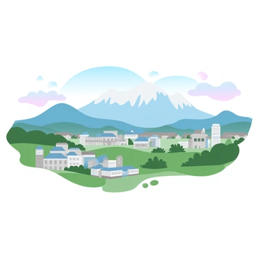 A panoramic view of the city of Grenoble with various buildings and structures visible in the foreground. The city is surrounded by lush green landscapes and a clear sky. In the background, the majestic Alps rise prominently, their peaks capped with snow. The mountains transition into a gradient of pastel colors, blending beautifully with the sky. The scene captures the essence of the natural beauty surrounding the city.