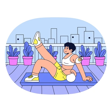 A person is performing Russian twists on a rooftop terrace. The individual is in a seated position with their legs raised and bent at the knees. They are wearing athletic clothing, consisting of a fitted tank top and shorts. The person's arms are extended forward, holding a small weight. The rooftop terrace features a wooden deck and is surrounded by potted plants. In the background, a city skyline is visible, showcasing tall buildings and a clear blue sky.