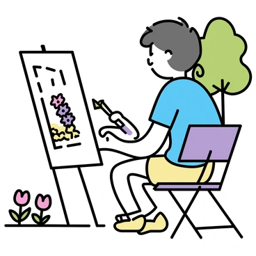 An artist, sitting on a folding chair, is focused on painting a canvas in a park. The artist, dressed in a light blue shirt and beige shorts, has a palette in one hand and a brush in the other. Around the artist, there are various blooming flowers in vibrant colors, including red tulips, yellow daisies, and purple pansies. The artist's canvas displays a landscape view of the park, capturing the essence of the sunny Sunday afternoon. The trees in the background are lush and green, adding to the serene atmosphere of the scene.