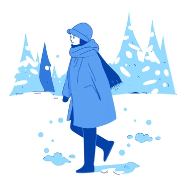 A blue person bundled up in a thick pullover is taking a walk in a snowy landscape. The person has a woolen hat pulled down low over their ears and a scarf wrapped snugly around their neck. Snowflakes are gently falling around them, creating a soft white blanket on the ground. In the background, there are snow-covered trees that rise majestically against the pale sky, completing the serene winter scene.