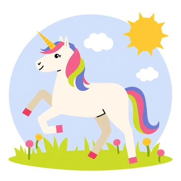 A playful unicorn with a white coat and a long, flowing rainbow-colored mane is frolicking in a sunny meadow. The unicorn has a shiny golden horn and is surrounded by vibrant green grass dotted with colorful wildflowers. The sun is shining brightly in a clear blue sky, casting a warm light over the scene. A few fluffy white clouds drift lazily above the meadow, enhancing the cheerful atmosphere.