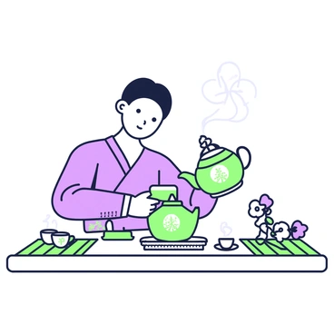 A tea ceremony is taking place on a wooden table. In the center, there is a traditional teapot with intricate patterns, next to it are several delicate cups arranged neatly. The cups are small and have subtle designs, filled with steaming tea. Surrounding the table, there are bamboo mats and a few small, decorative flowers. A calm expression is visible on the face of a person who is pouring tea from the teapot into one of the cups. The atmosphere feels tranquil and inviting.