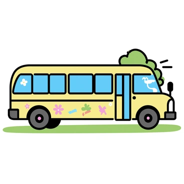 A yellow electric school bus, featuring a smooth, rounded shape and large windows. The exterior panels are adorned with vibrant student artwork, showcasing a variety of colors and designs, including drawings of flowers, animals, and abstract patterns. The bus is parked in a schoolyard, surrounded by green grass and a few trees in the background. Bright sunlight illuminates the bus, highlighting the details of the artwork.