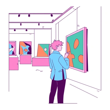 A character with short, spiky pink hair is standing in a spacious art gallery, gazing thoughtfully at a large canvas hanging on the wall. The canvas features an abstract composition in vibrant shades of orange and teal. The character is dressed in a stylish outfit, consisting of a fitted blue jacket and black pants. Soft lighting from modern track lights illuminates the gallery's sleek, white walls. In the background, there are additional artworks displayed on pedestals, creating a dynamic scene filled with creativity and inspiration.
