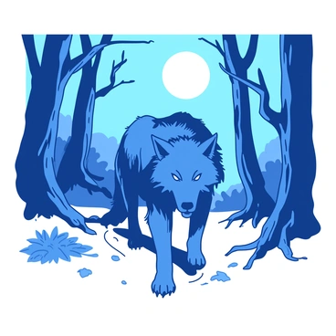 A blue werewolf with thick fur is moving stealthily through a white misty forest. The full moon casts a soft glow, illuminating the shadows between tall, ancient trees with twisted trunks. The ground is carpeted with pale leaves, and faint silhouettes of shrubs can be seen in the background. The werewolf's piercing eyes are fixed ahead, embodying the essence of a predator in its natural habitat. Mist swirls around its paws as it silently prowls through the ethereal landscape.