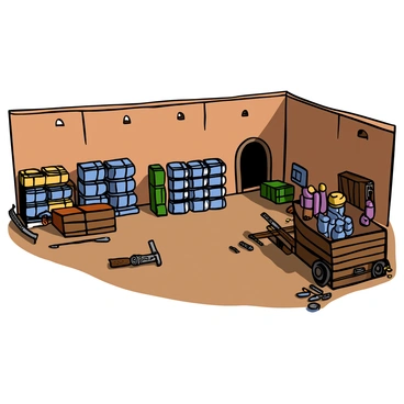 A scene in the Alamo courtyard featuring barrels of gunpowder stacked neatly and organized. There are stacks of ammunition arranged in rows, showcasing different calibers. The courtyard is surrounded by historic adobe walls, with a rustic wooden cart nearby, partially filled with additional ammunition. A warm sun casts shadows on the ground, illuminating the meticulous arrangement of supplies. A few scattered crates and tools can be seen, hinting at the activity of soldiers preparing for defense.
