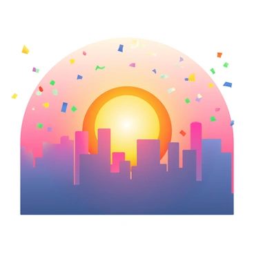 A vibrant sunset is casting a warm glow over a cityscape filled with towering buildings. The sky is a gradient of orange, pink, and purple hues as the sun dips below the horizon. Silhouettes of skyscrapers are visible against the colorful sky. Floating in the air is multicolored confetti that catches the fading light, creating a sparkling effect. The buildings are reflecting some of the sunset colors, adding to the scene's richness. The overall atmosphere is lively as the last light of day illuminates the city and the confetti.