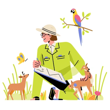 A biologist wearing a green field jacket and a wide-brimmed hat is kneeling on the ground, writing in a notebook. The biologist has short brown hair and glasses. Around the biologist, various wildlife is present: a colorful parrot perched on a branch above, a small group of curious deer grazing nearby, and a vibrant butterfly fluttering by. In the background, tall grass and wildflowers add to the natural setting, while a clear blue sky overhead completes the scene.