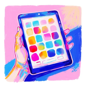 A hand holding a tablet displaying a digital color palette with vivid hues