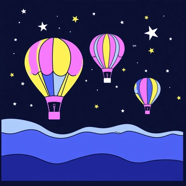 Several hot air balloons with vibrant colors are floating in the night sky. Each balloon has a unique design, featuring bold stripes and patterns. The balloons are illuminated from within, casting a warm glow that contrasts against the dark backdrop. The star-filled sky is dotted with bright stars, twinkling in various sizes. Below the balloons, silhouettes of distant hills can be faintly seen, adding depth to the scene.