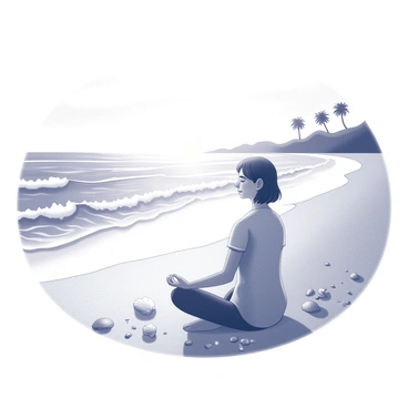 A beach with soft, gentle waves lapping at the shore. The horizon displays the sun setting, casting fading light across the sky. In the foreground, a person is seated in a cross-legged position, eyes closed in meditation. They are surrounded by a scattering of smooth pebbles and seashells along the sand. The figure shows a peaceful expression, embodying a sense of tranquility as they connect with the natural environment. The scene is framed by distant silhouettes of gentle waves and the faint outline of palm trees.