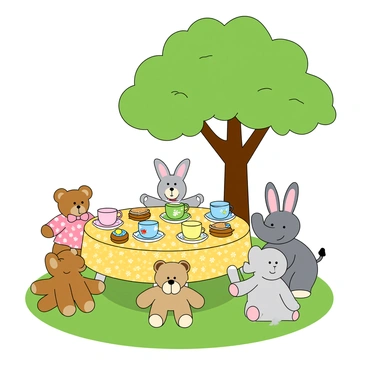 A small round table covered with a bright, patterned tablecloth sits on a patch of green grass. The table is set for a tea party with an assortment of colorful ceramic cups in pastel shades of pink, blue, yellow, and green. Each cup has a different whimsical design, from flowers to stars. Surrounding the table are several cute stuffed animals, including a teddy bear with a bow tie, a fluffy bunny wearing a polka-dotted dress, and a smiling elephant with big ears. A large, leafy tree provides shade above, its branches creating a playful canopy. Small edible treats, like colorful cupcakes and sandwiches cut into fun shapes, are placed on the table.