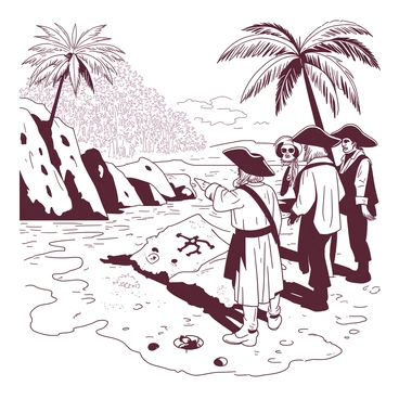A group of pirates stands on a rugged shore of a remote island, examining an old, tattered map. The map is adorned with faded markings and a prominent "X" indicating the treasure's location. The pirates are dressed in traditional pirate attire, featuring tricorn hats and weathered clothing. One pirate, with a parrot perched on his shoulder, points towards a dense jungle in the background, suggesting the direction to go. The scene is filled with large, jagged rocks and palm trees swaying in the breeze, creating a sense of adventure and discovery.