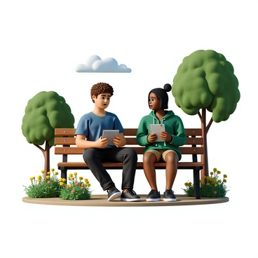 Two students sitting on a park bench, engaged in conversation. One student has light skin and curly hair, wearing a blue t-shirt and black jeans, holding a notebook and a pen. The other student has dark skin and straight hair tied back, dressed in a green hoodie and khaki shorts, also holding a notebook. Around them, there are trees with green leaves and colorful flowers blooming. The park is sunny, with a few fluffy clouds in the blue sky. They both appear focused and are sharing words while occasionally glancing at their notebooks.