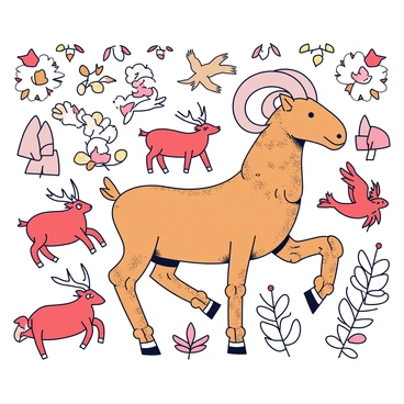 An ancient cave painting featuring a prominent ram depicted in profile. The ram has strong, curved horns and a textured body that suggests muscular detail. Surrounding the ram are various wildlife figures, including a deer with delicate antlers, a boar with a stout body, and several birds in flight. The background is filled with abstract shapes and lines that mimic natural elements like trees and mountains, rendered in earthy tones of red, brown, and ochre. The overall texture of the painting appears rough, emphasizing its age and authenticity.