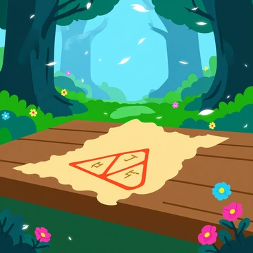 An ancient scroll unfurls on a weathered wooden table, displaying intricate glyphs that illustrate the "fire triangle" composed of oxygen, heat, and fuel. The scroll is aged, with frayed edges and faded ink, highlighting its historical significance. Surrounding the scroll is a mystical forest, with towering, luminescent trees casting a gentle glow. Soft green moss carpets the ground, and delicate, colorful flowers bloom nearby. In the background, faint wisps of mist weave through the trees, adding an air of enchantment to the scene.