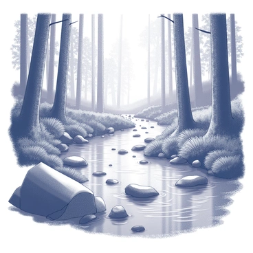 A stream flows through a dense forest, surrounded by tall trees with thick trunks. The water moves gently over smooth stones, creating ripples on the surface. Sunlight filters through the leaves, casting delicate shadows on the ground. Ferns and various underbrush line the banks of the stream, adding texture to the scene. A rock formation juts out partially into the water, and small pebbles are scattered along the shoreline.