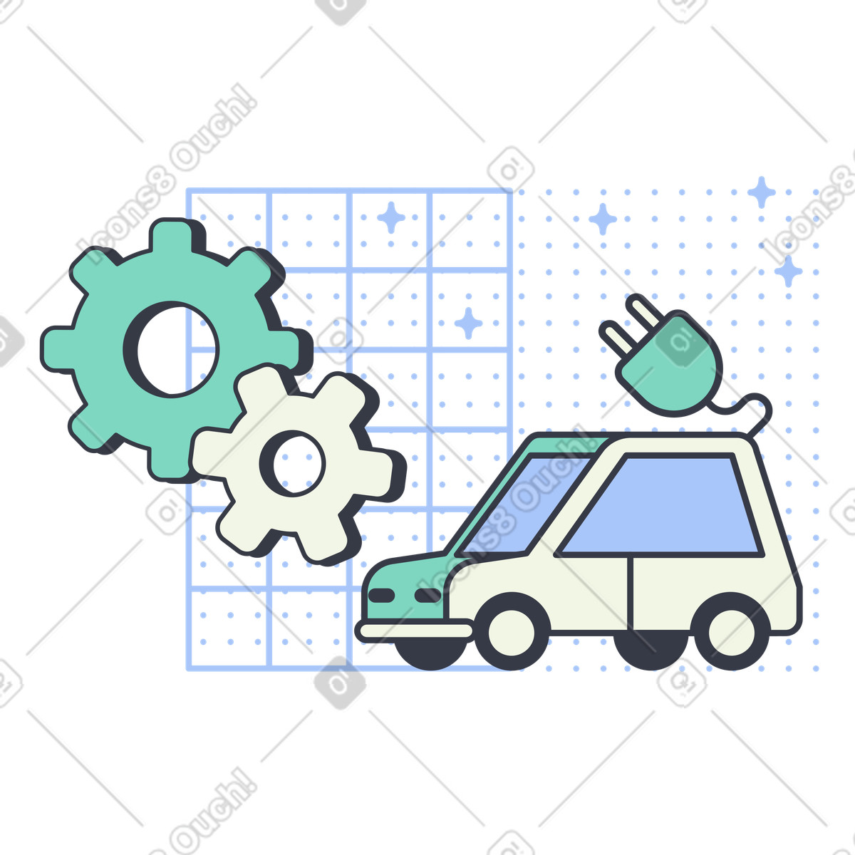 Electric car with gears and plug, Eco-friendly vehicle maintenance illustration in Abstract style download in PNG, SVG