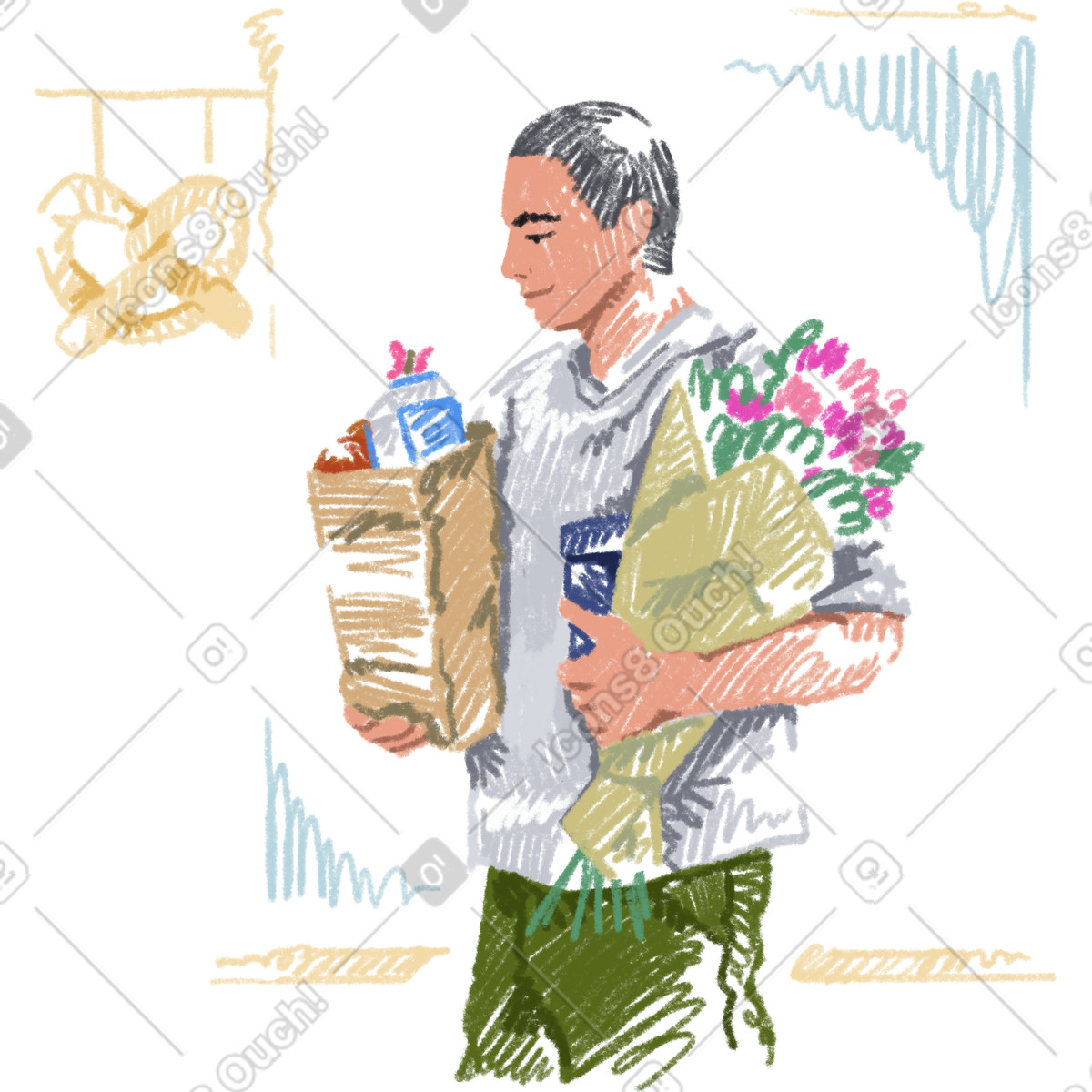 Illustration Young man buying groceries and flowers dans le style Sketchbook à télécharger aux formats PNG, SVG