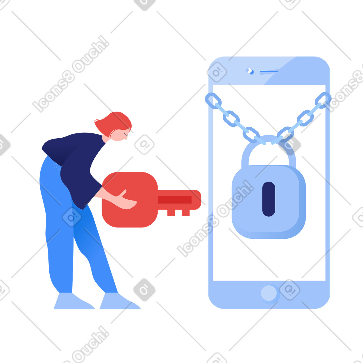 Illustration Femme déverrouillant le téléphone avec la clé dans style Clip à télécharger aux formats PNG, SVG