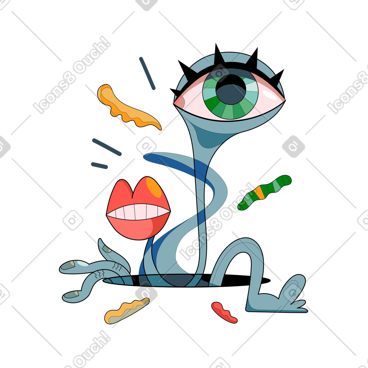 Illustration Abstract doodle monster with expressive features climbing out, Anticipation for upcoming release dans le style Surr à télécharger aux formats PNG, SVG
