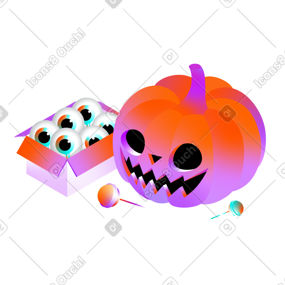 Izometric halloween decoration and treats illustration in PNG, SVG