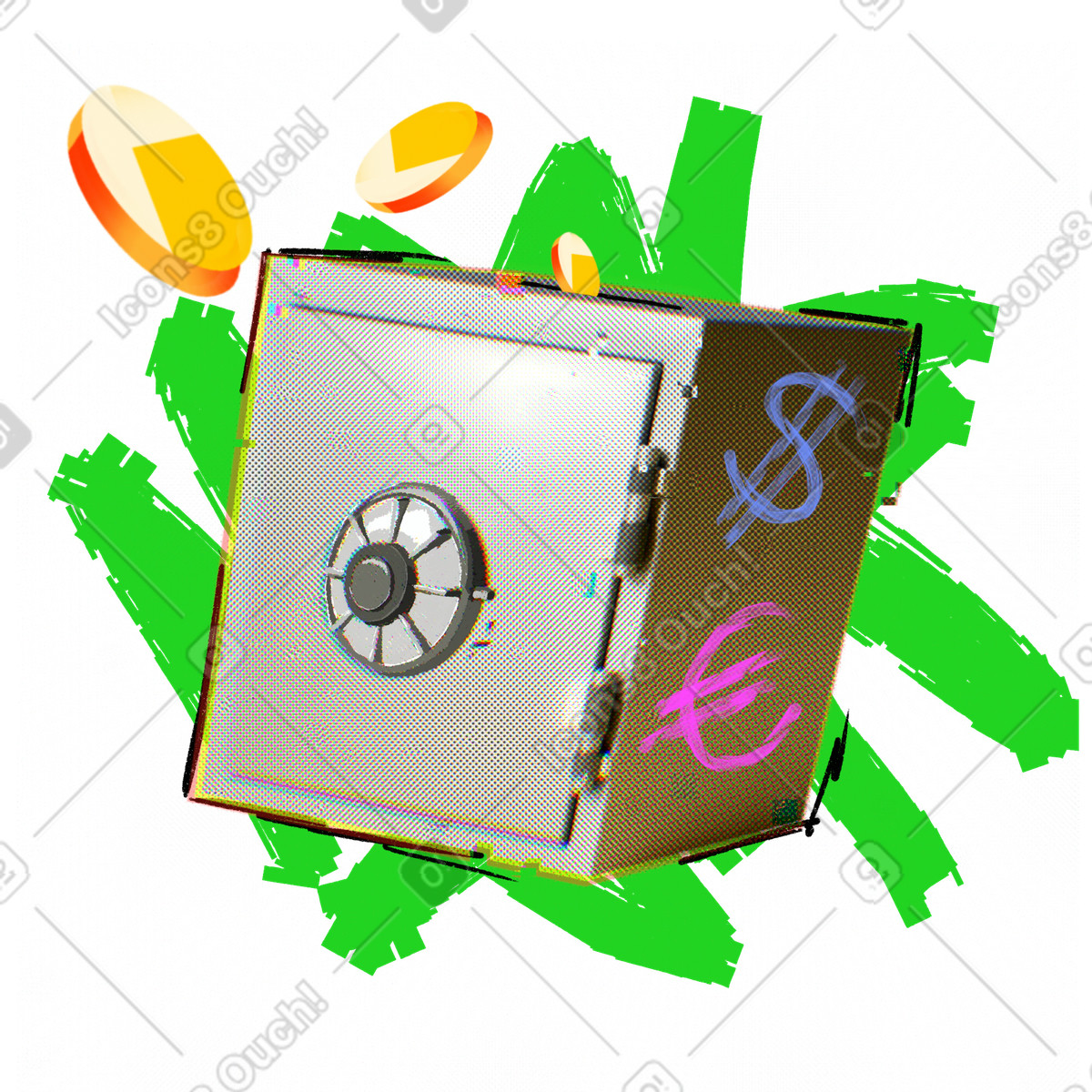 Ilustración Multicurrency savings account with metal safe en estilo Energy a descargar en PNG y SVG