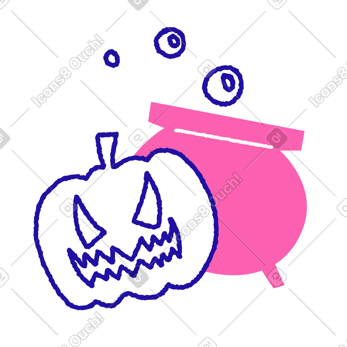 Ilustración Calabaza malvada y caldero con burbujas en estilo Whimsy a descargar en PNG SVG