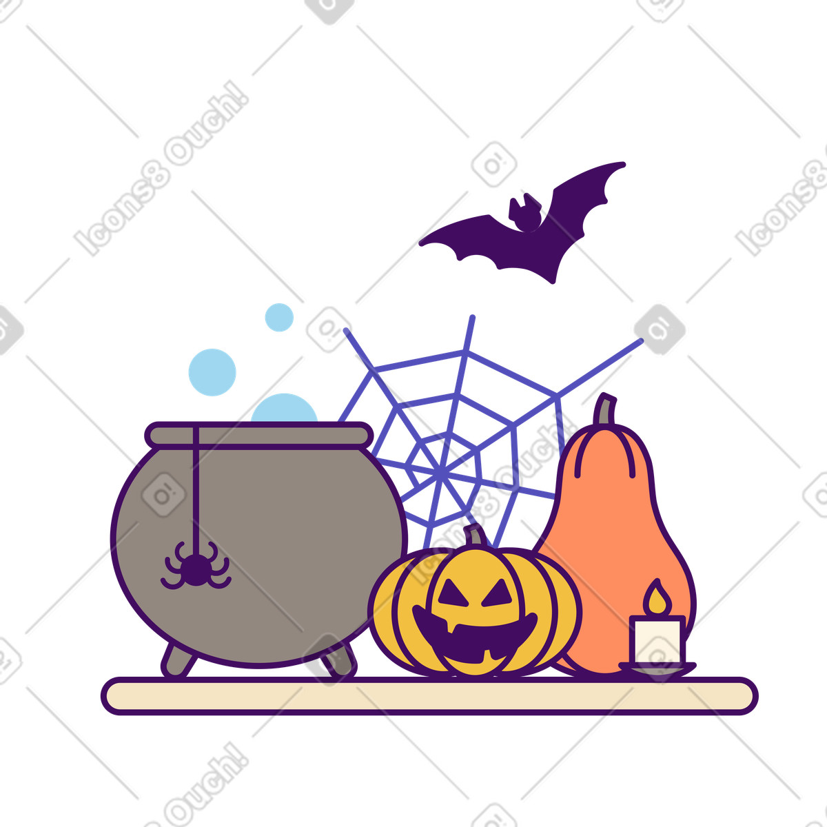 Pumpkins, cobweb and cauldron as halloween decorations illustration in Simplistic style download in PNG, SVG