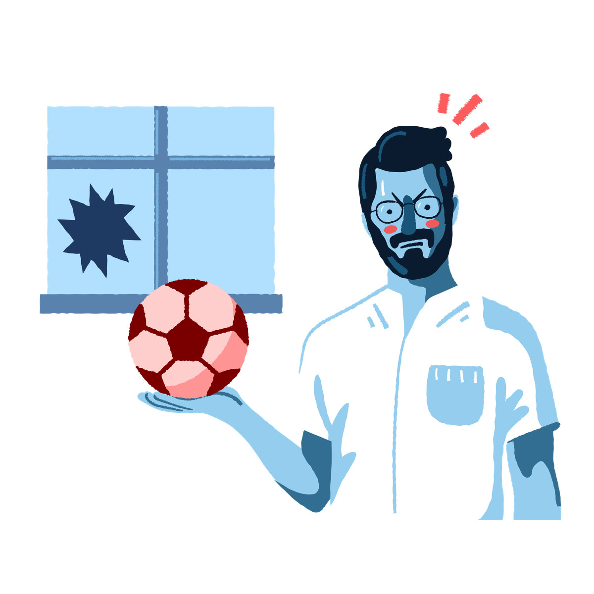 下载 Cherry 风格的 Angry homeowner holding soccer ball by broken window, Home accident or fatal error 插画，支持 PNG、SVG 格式