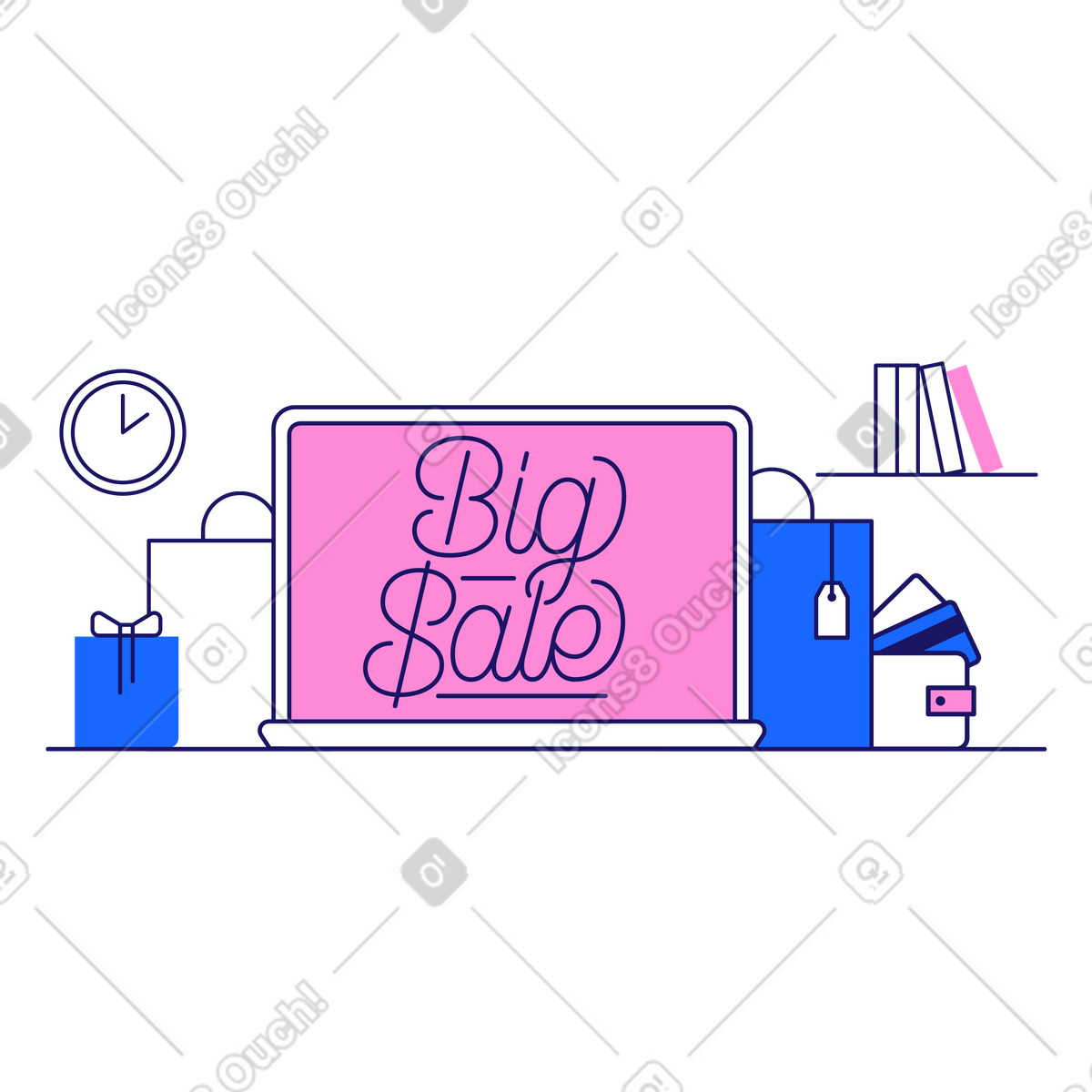 Illustration Lettrage big sale dans un ordinateur portable et avec des forfaits le style Matey à télécharger aux formats PNG, SVG